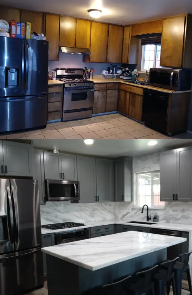 Before and after of a kitchen remodel with new gray cabinets, a white marble-look island and backsplash