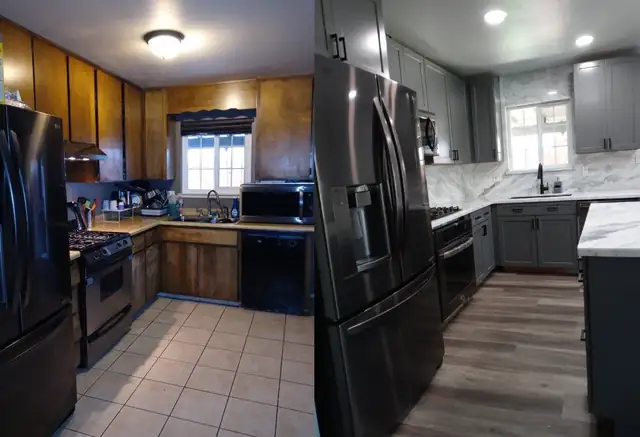 Before and after of a kitchen: oak cabinets and tile floor replaced with gray cabinets, a marble-look backsplash and plank floors